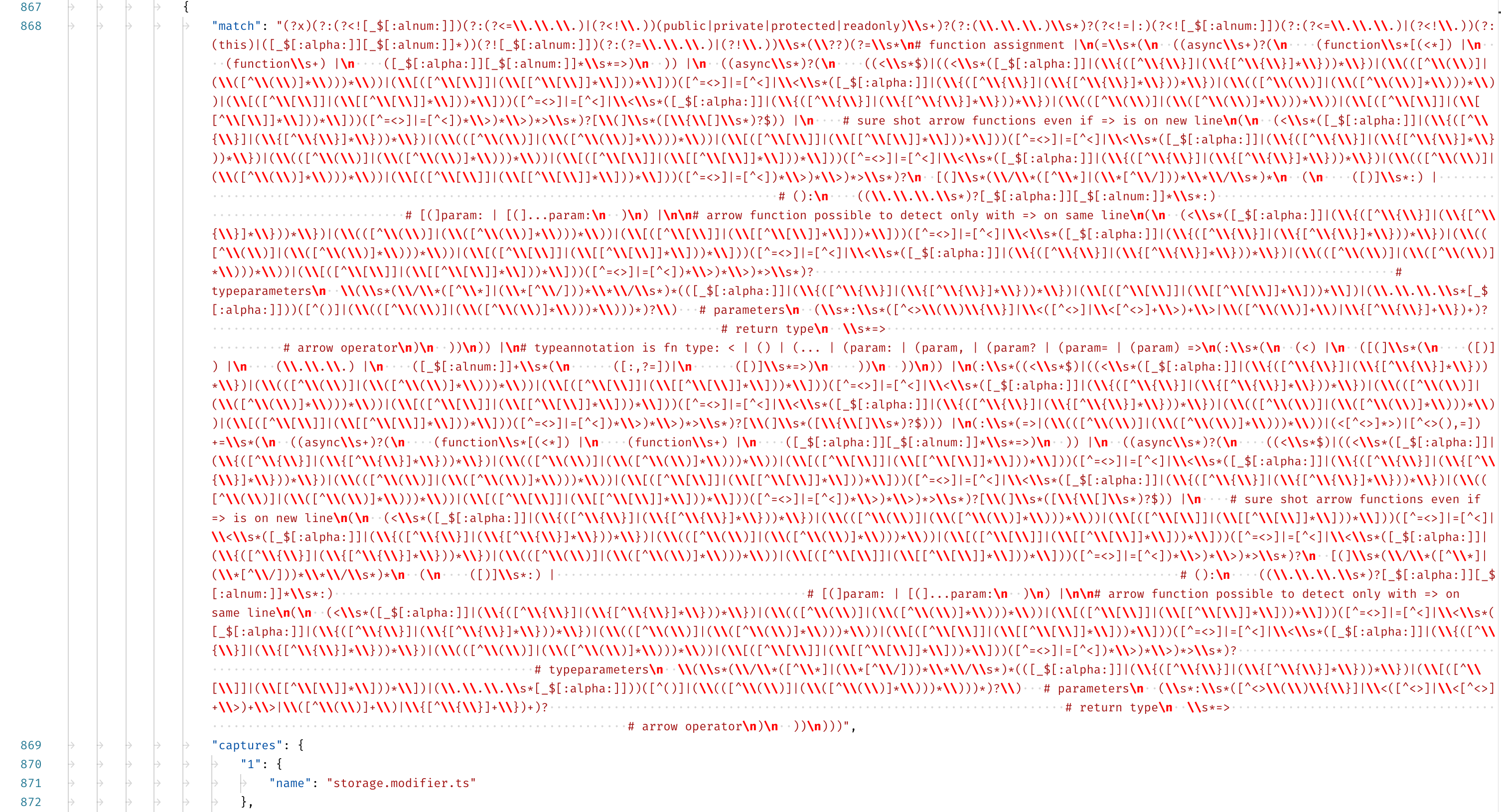 a screenshot of the TypeScript TexMate grammar is a page-long regular expression comprised mostly of escape characters